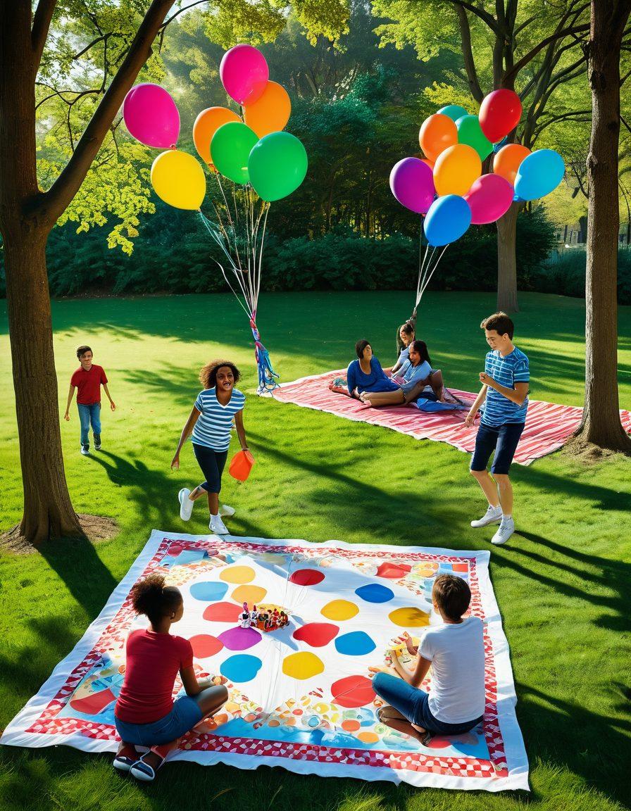 A dynamic scene showcasing a diverse group of people engaged in various exciting games, from board games to outdoor sports, surrounded by vibrant decorations and joyful expressions. Add elements of competition and teamwork, with colorful game pieces and an atmosphere of excitement. Capture the essence of memorable moments in a lively environment. vibrant colors. super-realistic.