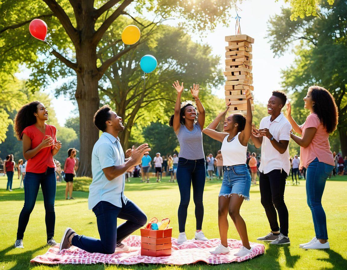 A vibrant scene depicting a diverse group of friends enjoying various games and activities in a sunlit park. Include elements like giant Jenga, a colorful frisbee flying, and people laughing as they play charades. Add bright balloons and picnic blankets to enhance the festive atmosphere. Capture the joy and energy in their expressions. vibrant colors. 3D.