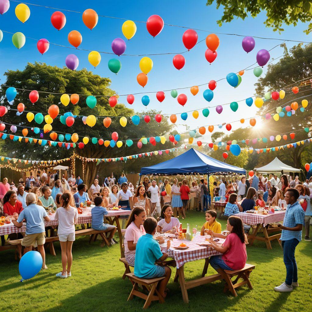 A vibrant celebration scene featuring a diverse group of people engaged in various interactive activities, such as outdoor games, a colorful balloon backdrop, and cheerful decorations. Include laughter, joy, and a sense of togetherness under a bright blue sky. Showcase different age groups enjoying the festivities, with elements like a picnic area and festive lights. The overall atmosphere should radiate excitement and fun. super-realistic. vibrant colors. cheerful ambiance.